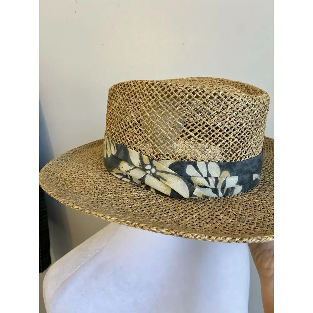 Classic Woven Straw Fedora Hat Safari Panama Look w/ Fabric Band Breathable Cool